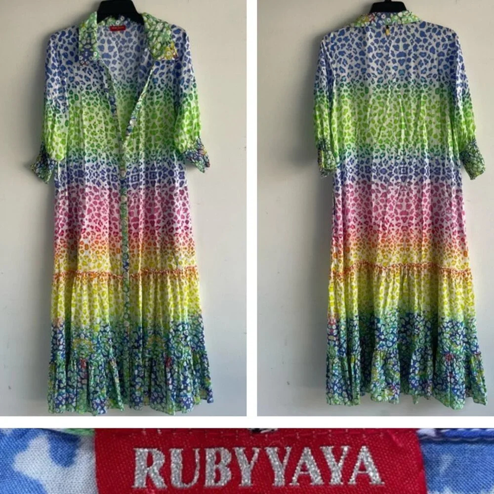Ruby Yaya Rainbow Leopard Print Button Down Shirtdress colorful 22226
